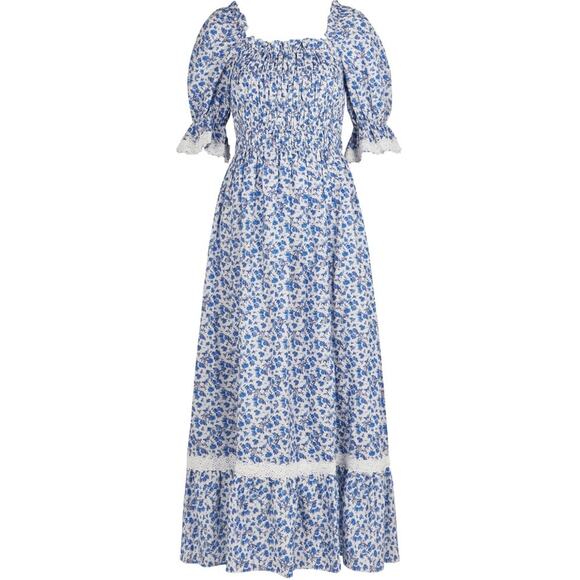 Lug Von Siga Blue Floral Smocked Elisa Maxi Dress Size 38/6 - Picture 1 of 10